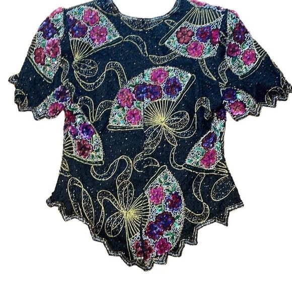 Laurence Kazar vintage beaded glam silk special occasion party top L - Picture 2 of 14